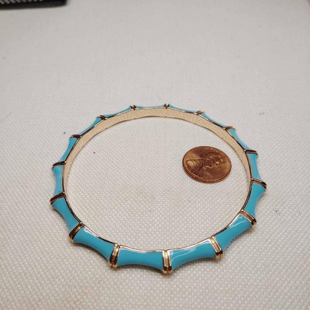 Turquoise Enamel Bamboo Bangle Bracelet Gold Tone Large 8.5 Fit